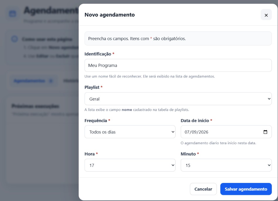 Agendamento de playlists no painel VoxStream